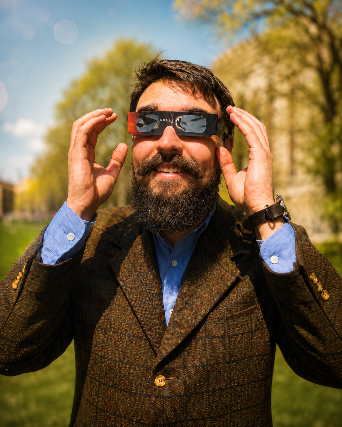 Johnny Waldrop looking up through solar eclipse glasses